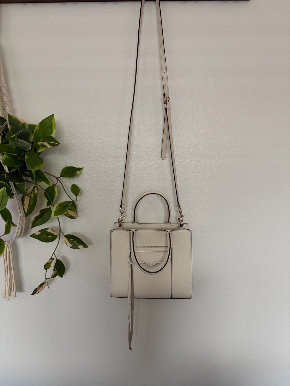 Rebecca Minkoff Cream Structured Crossbody Tote Bag with Top Handle